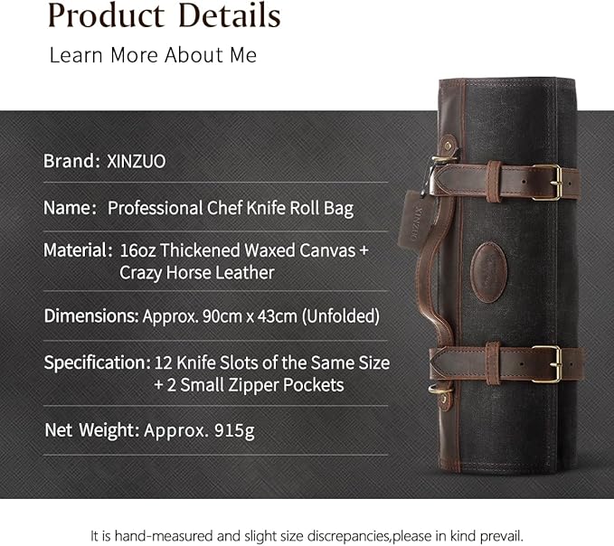 XINZUO Chef Knife Roll Bag Professional,16oz Waxed Canvas and Crazy Horse Leather,12 Slots Plus 2 Zipper Pockets,Adjustable Shoulder Strap-Travel Tool Roll Pouch(Bag Only)