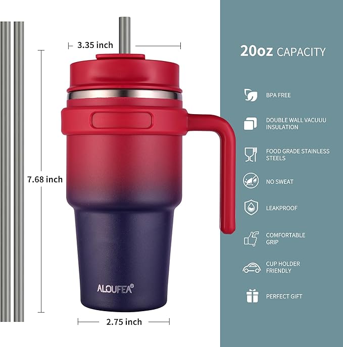 ALOUFEA 20 oz Insulated Coffee Mug Tumbler with Handle, Stainless Steel Travel Mug Tumbler with Lid and Straw,Double Wall Vacuum Leak Proof Ice Coffee Thermal Cup, Dark Rainbow