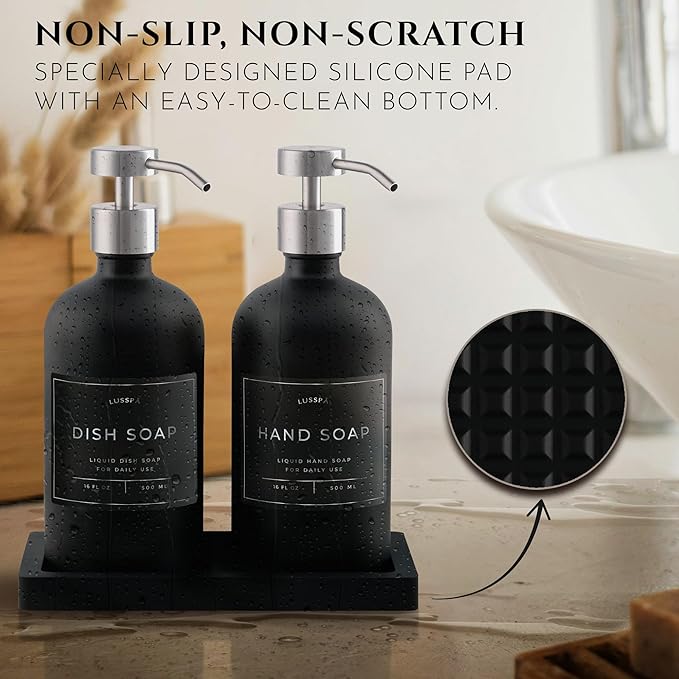 Lotion, Hand & Dish Soap Dispenser for Kitchen & Bathroom | Soap Dispenser Set of 2 16.8 Oz Glass Bottles with Stainless Steel Pump, 15 Water Proof Labels & Silicon Tray (Black/Silver)