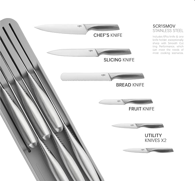 Kitchen Knife Set 6 Pcs & Horizontally Knives Case, Crafted from High Carbon 5Cr15Mov Stainless Steel and Food-Grade Polypropylene.