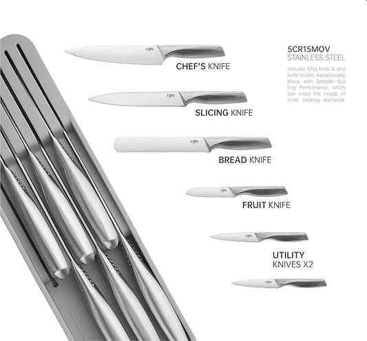 Kitchen Knife Set 6 Pcs & Horizontally Knives Case, Crafted from High Carbon 5Cr15Mov Stainless Steel and Food-Grade Polypropylene.