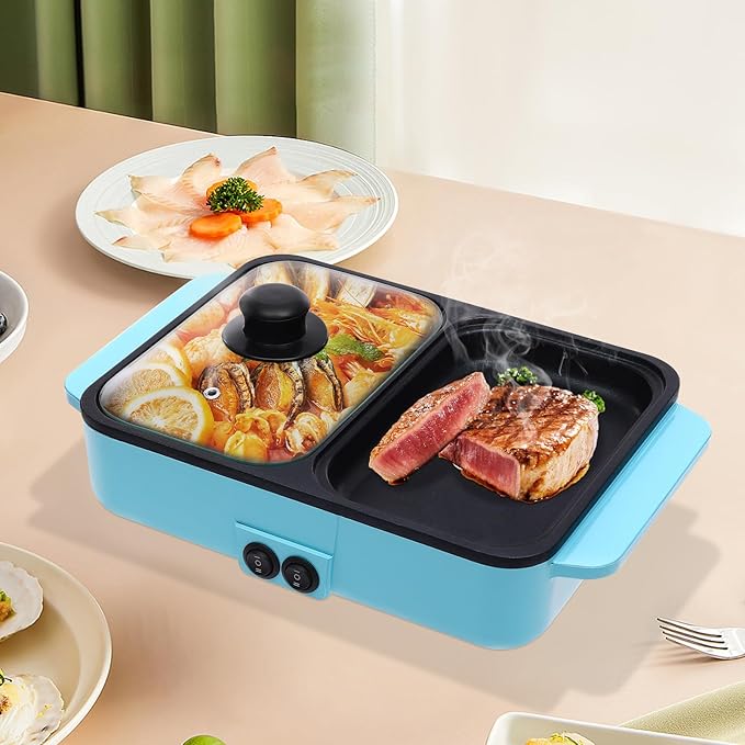 Hot Pot with Grill, Electric Hot Pot and Frying Pan, 2 in 1 Indoor Non-Stick Electric Hot Pot and Frying Pan, Blue Portable Electric BBQ Grill for Indoor Party Family Gatherings