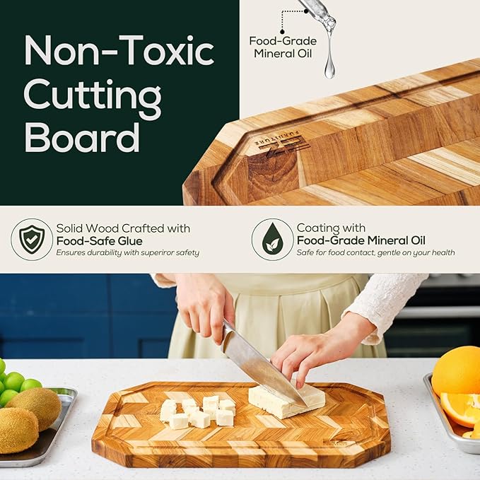 EZ FURNITURE Small (S) Teak Herringbone Wood Premium Cutting & Serving Board, Knife Friendly, Juice Groove & Handles, Pre-Oiled with Food-Grade Mineral Oil, Non-Toxic(S 14" x 10" x 0.7", 2.65 lbs)
