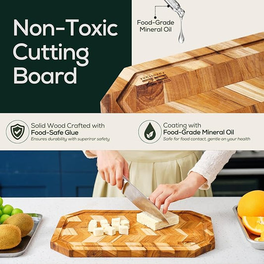 EZ FURNITURE Small (S) Teak Herringbone Wood Premium Cutting & Serving Board, Knife Friendly, Juice Groove & Handles, Pre-Oiled with Food-Grade Mineral Oil, Non-Toxic(S 14" x 10" x 0.7", 2.65 lbs)
