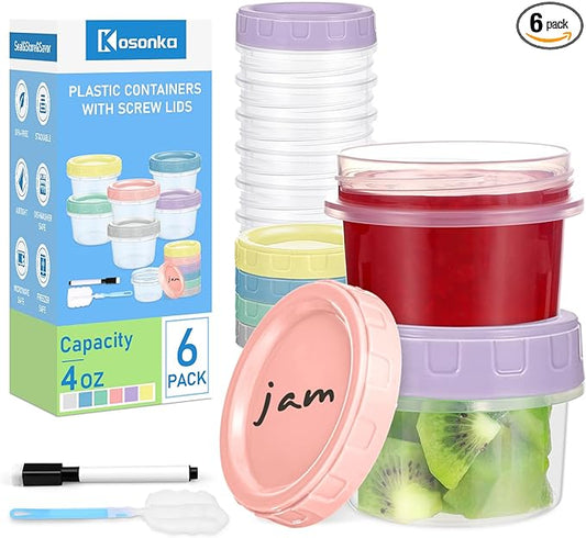 6 Piece 4 oz Plastic Food Storage Containers with Lids, Reusable Freezer Storage Containers, Small Meal Prep Containers with Pen and Brush, BPA-Free, Screw Top, Microwave & Dishwasher Safe