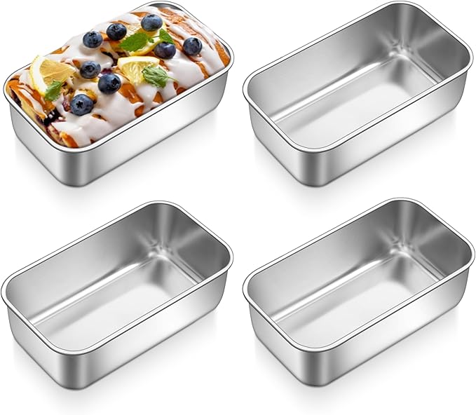 P&P CHEF Mini Loaf Pans Set, 4 PCS Small Bread Loaf Pan for Baking, 6.3 x 3.5 Inch Stainless Steel Baking Pans for Homemade Bread, Meatloaf, Cake and Brownies, Healthy & Non Toxic, Dishwasher Safe