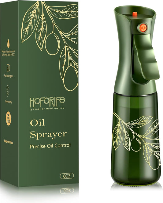 Glass Olive Oil Sprayer for Cooking, Oil Mister Continuous Cooking Spray with Portion Control for Kitchen 200ml/7oz (Green Bottle, Gold Print)