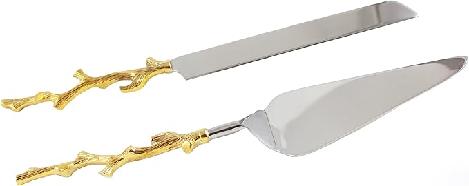 RS Accessories LLC Server Set, Cake, Pie, Desert Flatware Set, Tree Branch Design, 2-Piece 18/10 Stainless Steel with Brass Handles (Light Antique Gold Finish)…