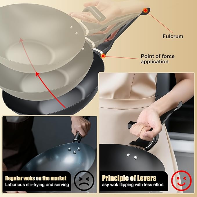 KALAWW Carbon Steel Wok Pan, Non-stick sauté pan,13 Inch Woks & Stir-fry Pans Nonstick with Ergonomic Handle, Cookware, Pots and Pans,Versatile Bottom Chinese Woks for All Stoves