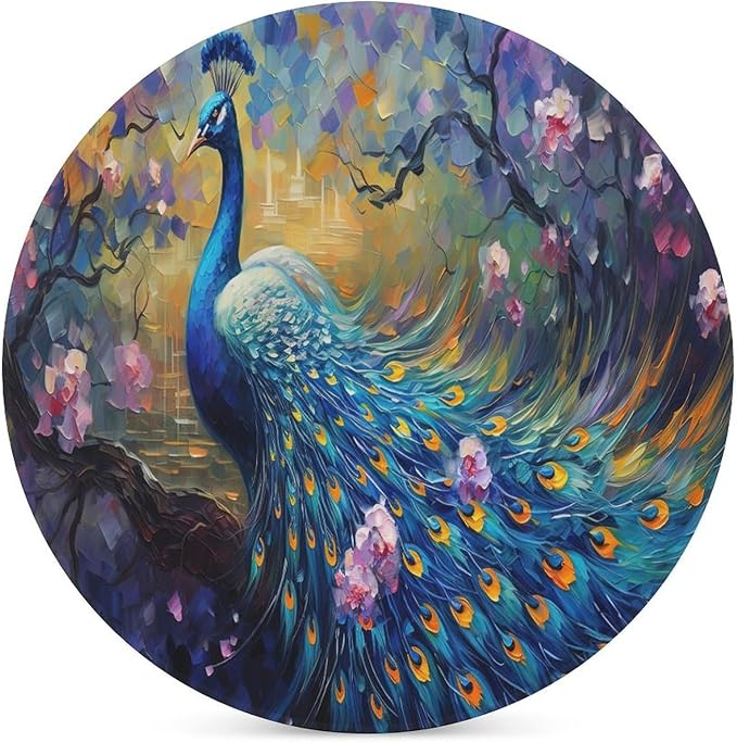 Peacock Drink Coasters, Round Ceramic Drink Coaster Round-6PCS, Vintage Watercolor Style Floral Beautiful Blue Peacock Decor Absorbent Ceramic Coasters for Beverage Cup, Bar, Coffee Table