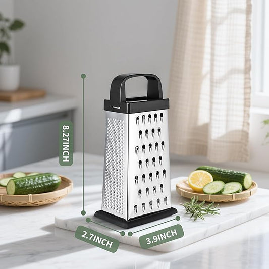 Cheese Grater, 8 IN Size 4-Sided Stainless Steel Grater, Food Shredder for Cheese, Parmesan, Vegetable, Dishwasher Safe, Black