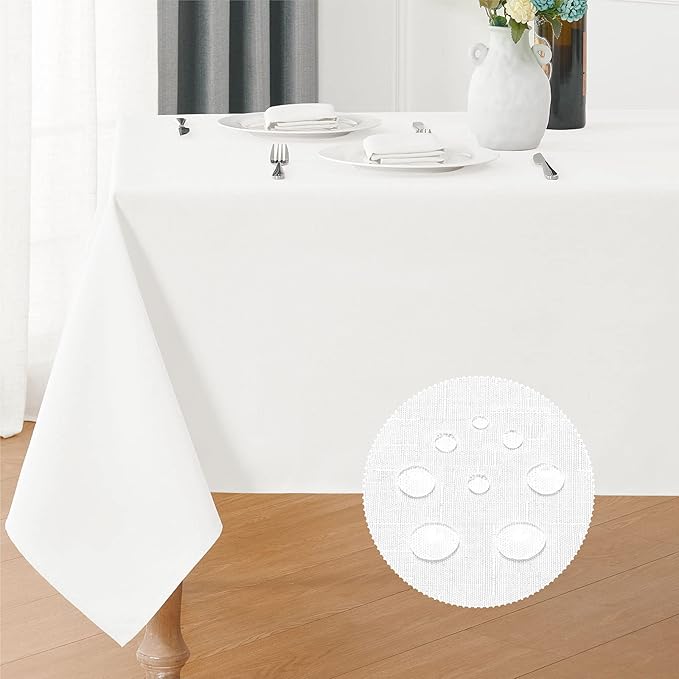 2 Pack Rectangle Tablecloth, 60x104 inch, Water Resistant Wrinkle Free Linen Textured Table Cloth Washable, Decorative Fabric Table Cover for Dining, Party and Camping, White