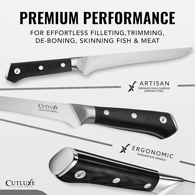 Cutluxe Boning Knife – 6" Razor Sharp Fillet – High Carbon German Steel – Full Tang Ergonomic Handle Design, Grilling Gifts for Men – Artisan Series