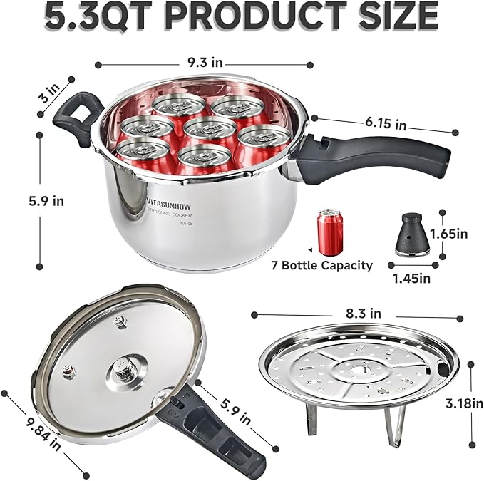 VITASUNHOW Stainless Steel Pressure Cooker with Steamer Basket, Faster Cooking and Safety Pressure Release (5-Liter)