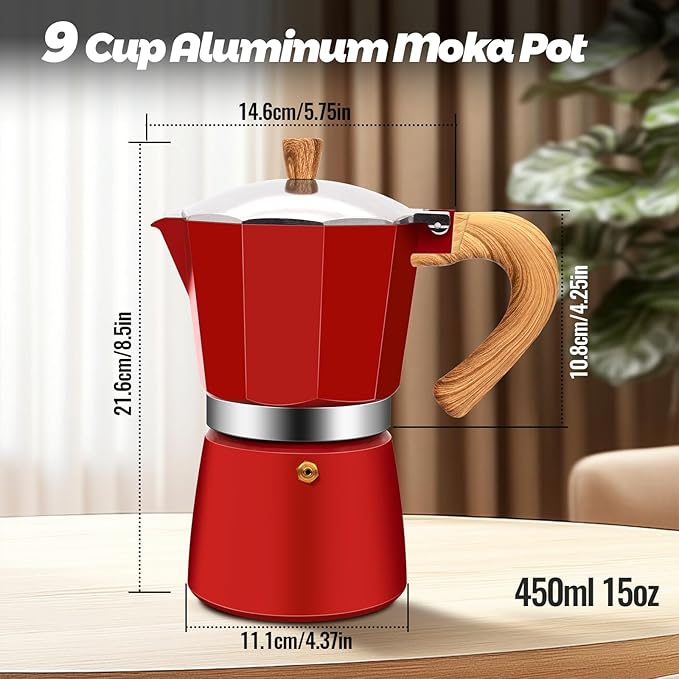 Vaolvpant 9 Cup Aluminum Moka Pot Classic Stovetop Espresso Coffee Maker 450ml 15oz Coffeemaker Percolator Mocha Pot Greca Coffee Maker Cafe Makers for Italian and Cuban Café Brewing Red