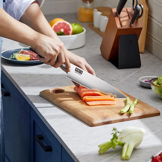 MDHAND Chef Knife Set with Roll Bag, 9PCS Professional Knife Sets with Sharpener, High Carbon Stainless Steel Japanese Kitchen Knives - Black Pakkawood Handle, Dishwasher Safe, For Cooking, Chef Gifts