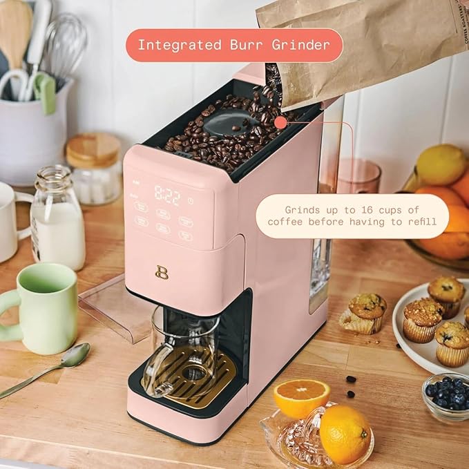 Beautiful Perfect Grind Programmable Single Serve Coffee Maker, Burr Grinder, 64 oz Reservoir, 6 Brew Sizes by Drew Barrymore (Rose)