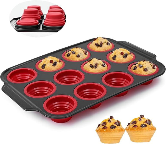 YiYeraio 12 Cups Silicone Muffin Pans for Baking with Metal Frame, Egg Bite Molds, Cupcake Pans Regular Size, Muffin Tins Easy to Pop Nonstick Non Toxic Bakeware for Oven Dishwasher Safe