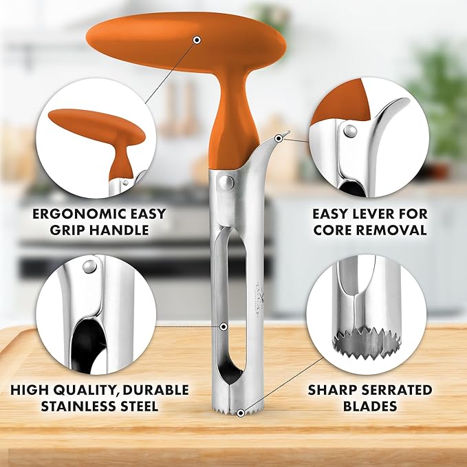 Zulay Kitchen Premium Apple Corer Tool - Ultra Sharp, Stainless Steel, Serrated Blades for Easy Coring - Easy to Use & Clean, Durable Apple Corer Remover for Baking Apples & More - Cinnamon