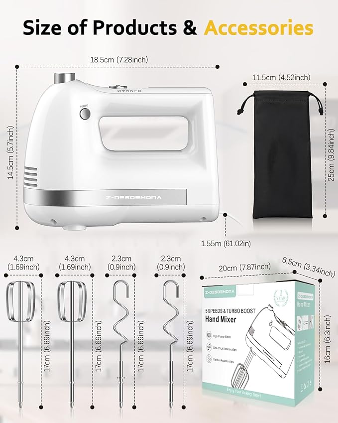 Z-DESDEMONA Electric Hand Mixer, Powerful 300W Hand Mixer Electric Handheld with 304 Beaters, Dough Hook,Hand Held Mixer with Turbo for Baking Cakes, Eggs, Cream Food(White)
