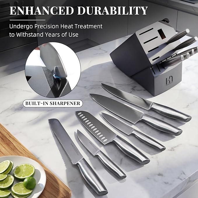Knife Set, 14 Pcs Premium Japanese High Carbon Stainless Steel Kitchen Knife Set, Razor Sharp Knife Block Set with Built-in Sharpener, Quality Acacia Wood Block Knife Sets Ergonomic Handle