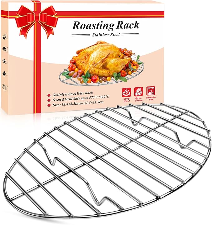 Oval Turkey Roasting Rack,12 Inch Stainless Steel Rack for Thanksgiving Christmas Gifts, Non-Stick Wire Rack Safe for Thanksgiving Turkey, Roasting and Cooling