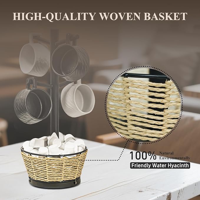 Wood Mug Holder Tree With Woven Basket, 4 Hooks Coffee Mug Holder, Countertop Mug Tree For Kitchen Counter Cabinet Coffee Bar Accessories Cup Display Organizer Hanger(Black)