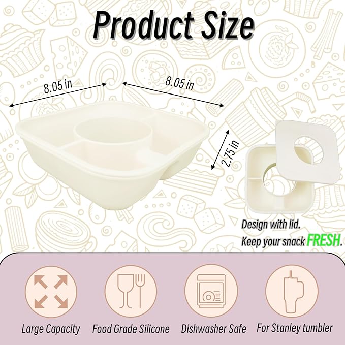 Snack Bowl for Stanley Cup 40 oz Tumbler, Reusable Snack Tray with Lid, Snacks Ring, Silicone Food Holder for Stanley Cup Accessories (Ivory)