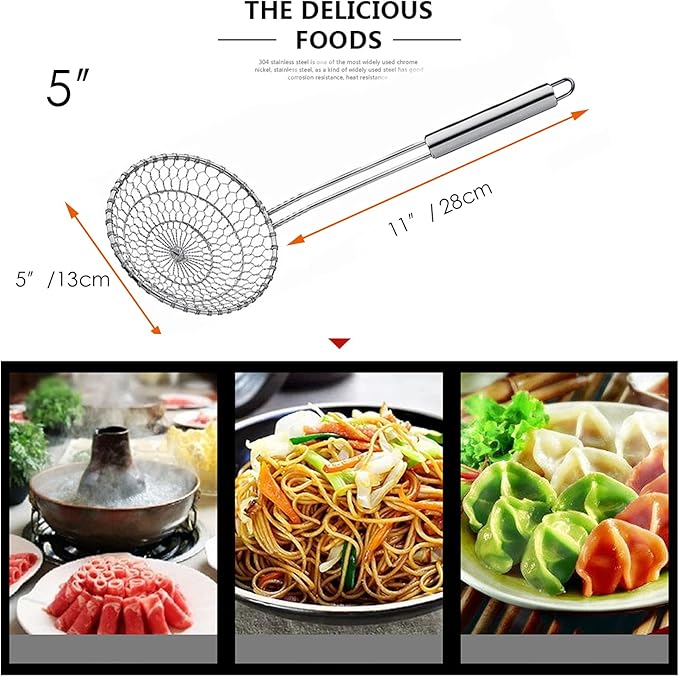 Best Utensils Asian Kitchen Stainless Steel Spider Strainer Professional Wire Skimmer with Spiral Mesh (5-Inch Strainer Basket)…