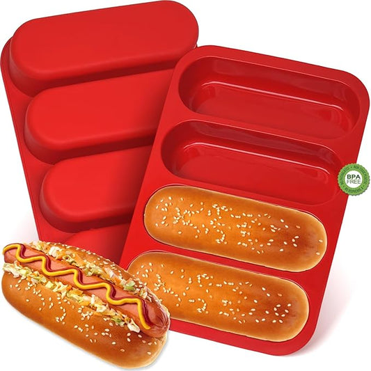 GDDGCUO Silicone Hotdog Bun Pan, 6 Inch Standard Hot dog Bun Mold, 4 Cup Non-stick Homemade Hotdog Bun Baking Pans, Mini Baguette Pans, Dishwasher Safe, 2 Pcs (Red)