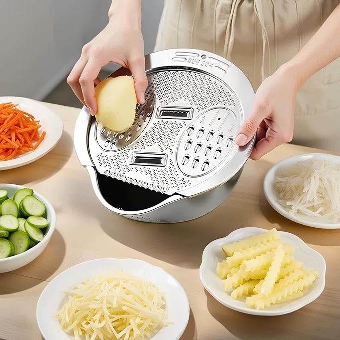 2-Piece 304 Stainless Steel Rice Washer Strainer Bowl with Grater Lid – Multifunctional Fruit Washing Basin and Rice Rinser Set, Heavy-Duty Kitchen Colander