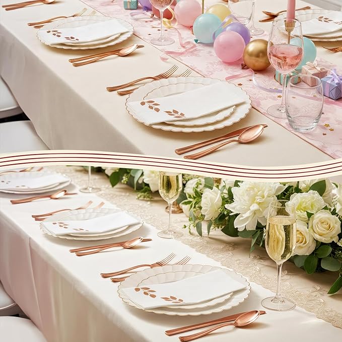 By Madee HEAVYWEIGHT Fancy Disposable Dinnerware Set – 175-Piece Ivory and Scalloped Rose Gold DisposablePlates, Cutlery & Linen-Feel Napkins, Elegant Nice for Weddings & Party (25 Guests)