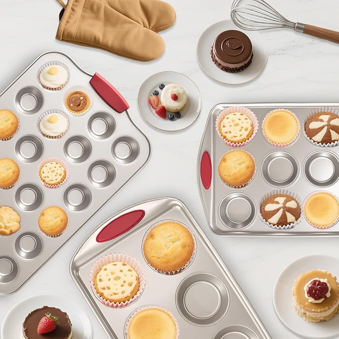Shinsin Muffin Pan 6-Cup, 2-Pack Nonstick 6 Tin Cupcake Pan with Silicone Grip Handles, Toaster Oven Baking Supplies Small Cheesecake Cup Cake Tray- Non-toxic & Dishwasher Safe