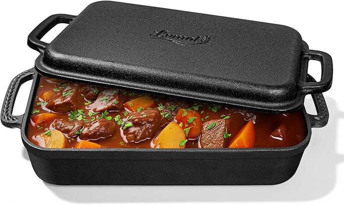 Lvmol 9x13" Casserole Dishes for Oven with Lids - 2-In-1 Pre-Seasoned Cast Iron Baking Dish for Lasagna, Sourdough Bread