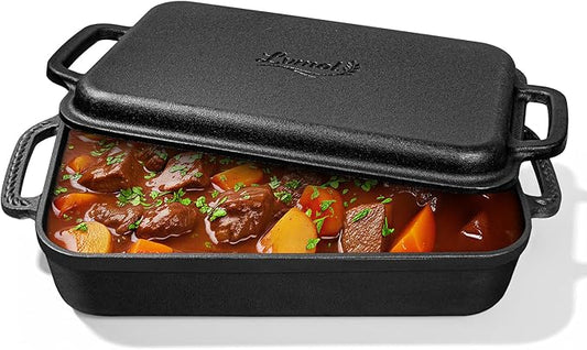 Lvmol 9x13" Casserole Dishes for Oven with Lids - 2-In-1 Pre-Seasoned Cast Iron Baking Dish for Lasagna, Sourdough Bread