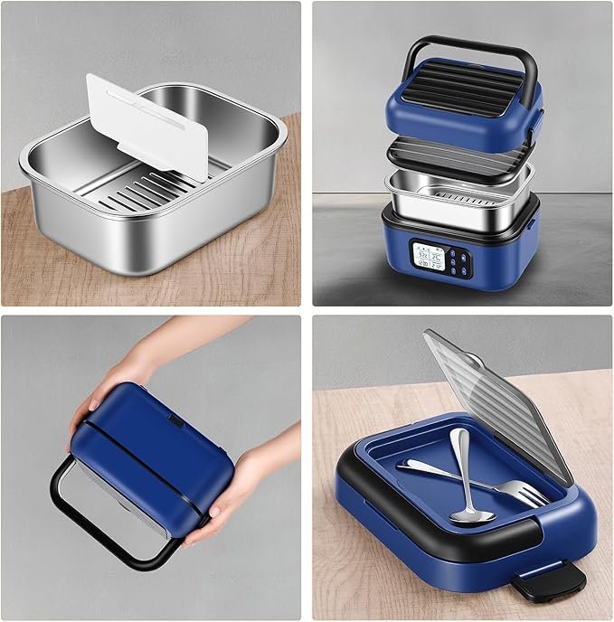 XL Cordless Electric Heated Lunch Box for Adults, Battery-Powered,2 x 6.3-Cup Capacity, Rechargeable Portable Self-Heating Food Warmer for Work Travel Car