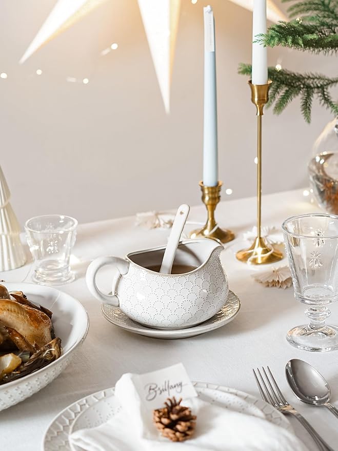 LE TAUCI Gravy Boat with Ladle and Saucer Stand 24oz, Ceramic Sauce Boat with Tray for Salad Dressings, Creamer, Broth, Black Pepper, Set of 1, Arctic White, Firework