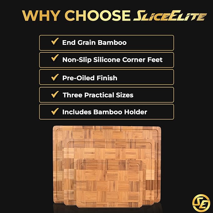 SliceElite Extra Large Bamboo Cutting Board Set 3 Piece End Grain Wooden Chopping Boards with Holder Non Slip Feet Juice Groove XL Butcher Block Style Boards for Kitchen Carving and Serving