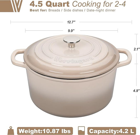 VORRINGARD Enameled Cast Iron Dutch Oven Pot with Lid, for Sourdough Bread Baking, Round Dutch Ovens, 4.5 Quart, Latte