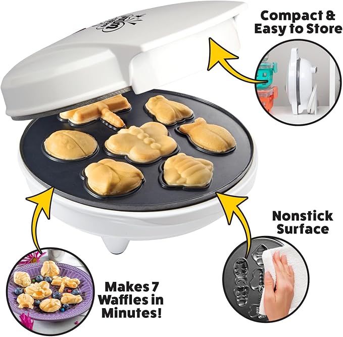 The Original Creepy Crawly Bug Waffle Maker- 7 Fun Different Insect Shaped Pancakes- Butterfly Lady Bug Bee & More- Electric Nonstick Waffler Iron, Morning Breakfast Treat, Kids Easter Basket Stuffer