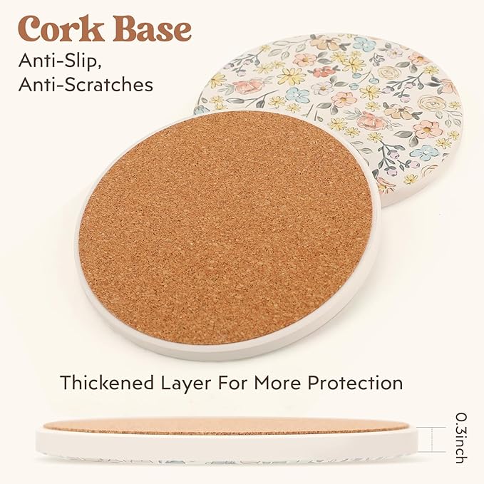 Coasters for Drinks Set of 6 with Holder, Absorbent Ceramic Stone, Flower Coffee Table Décor, Decorative Cup Coasters for Kitchen, Living Room, Farmhouse & Garden, Accessories for Tea & Coffee Table.