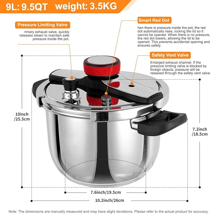 Pressure Cooker 10 QT, Stainess Steel Pressure Canner 10 Quart, Explosion-Proof Cookware, Rotating Lock/Unlock Lid, One-handed lid opening, Thickened Silicone Ring And Anti-scald Handle, Silver