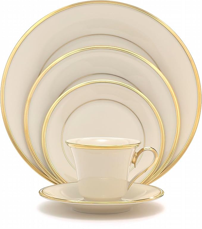 Lenox Dinnerware Set, Eternal 5-Piece Place Setting, 24-Karat Gold Accents Set, Service for 1, Made Of Ivory Porcelain, Dishwasher Safe, Plates, Cups And Saucers, Home And Kitchen (Ivory, 5 Pcs)