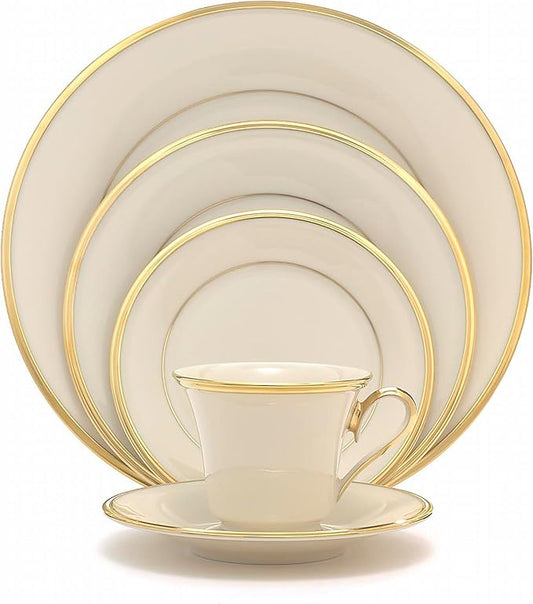 Lenox Dinnerware Set, Eternal 5-Piece Place Setting, 24-Karat Gold Accents Set, Service for 1, Made Of Ivory Porcelain, Dishwasher Safe, Plates, Cups And Saucers, Home And Kitchen (Ivory, 5 Pcs)