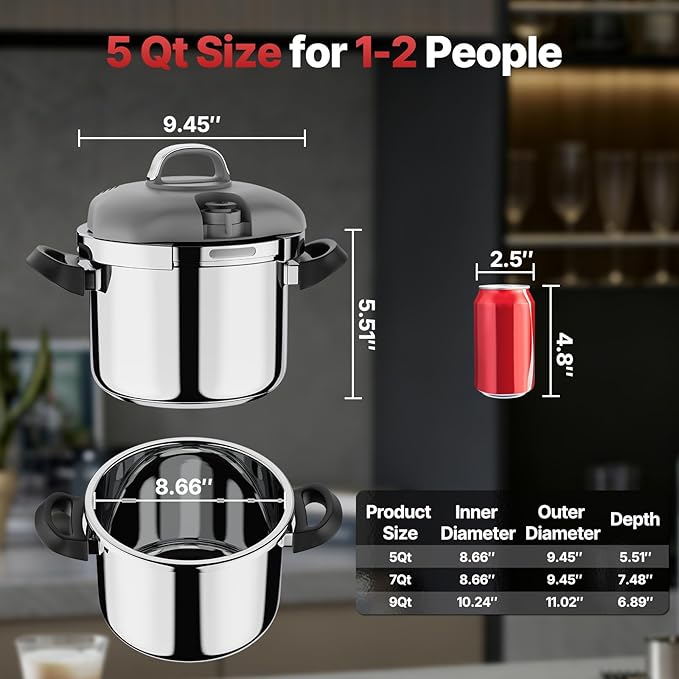 Kitlead Pressure Cooker Stainless Steel,One-Hand Locking/Rotating Lock,Compatible with Gas & Induction, Fast Cooking for Large Meals,Dishwasher Safe,Olla de Presion (5 Quarts)