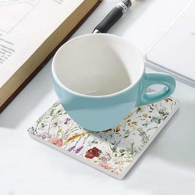 Square-6PCS Floral Drink Coasters, Square Modern Ceramic Absorbent Coasters, Watercolour Colorful Flower Herb Nature Plant Floral Decor Desk Coffee Table Coaster for Beverage Cup Tea Coasters