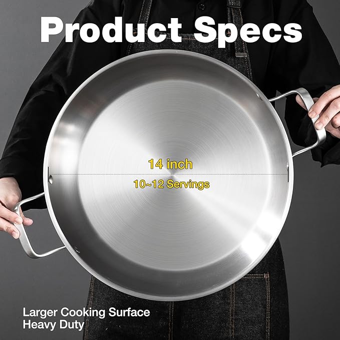 Yeksum Stainless Steel Paella Pan with Lid - 14.5" Tri-Ply 18/10 Deep Paella Pan for 12, PFOA-Free, Fast Heating & Oven Safe 550°F, All Stovetops & Outdoor Skillet