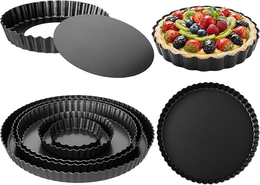 Yiyiring 5 Packs Pie Tart Pans with Removable Bottom 4'' 6" 9" 10" 11" Round Nonstick Quiche Pan Bakeware Pie Tart Molds Steel Flan Tins Fluted Side for Pies Mousse Cheese Cookie Cake Dessert