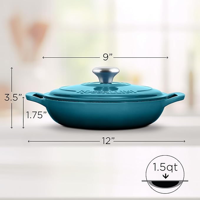 ROSSALLINI Signature Enameled Cast Iron Braiser, Non-Stick Serving Pot with Tight Fitting Lid for Perfect Roasting, Baking, Sauteing, Searing, and Pan Frying | 1.5Q (1.4L) - Ocean Blue