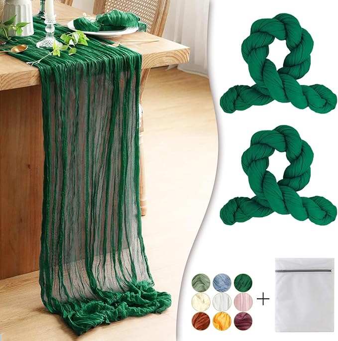 Dark Green Cheesecloth Table Runner 2 Pack 35" Boho Gauze 120 inches Long Runner Rustic Sheer Fabric Bulk for Baby Shower Wedding Bridal Birthday Party Table Decorations